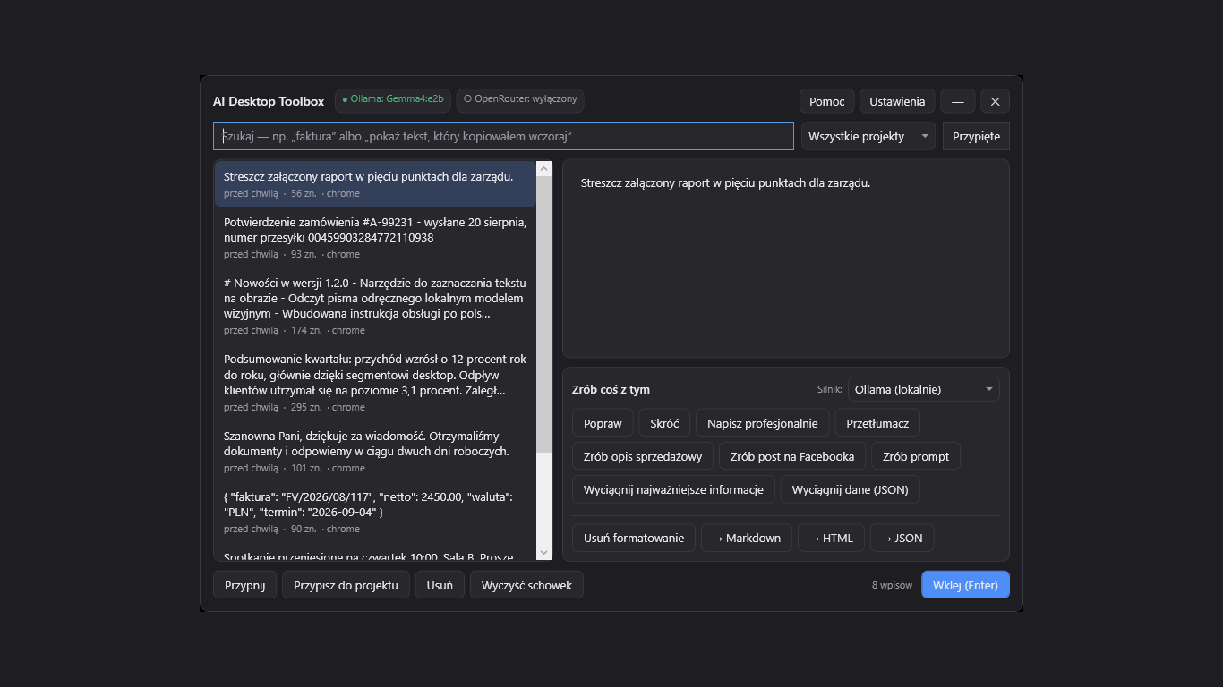 Zrzut ekranu aplikacji AI Desktop Toolbox