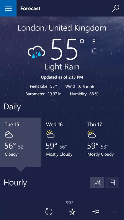 Screenshot: Get current conditions, today's weather, and forecast information at a glance.