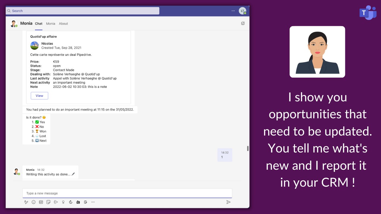 Snapshot 4 of Monia | CRM Assistant