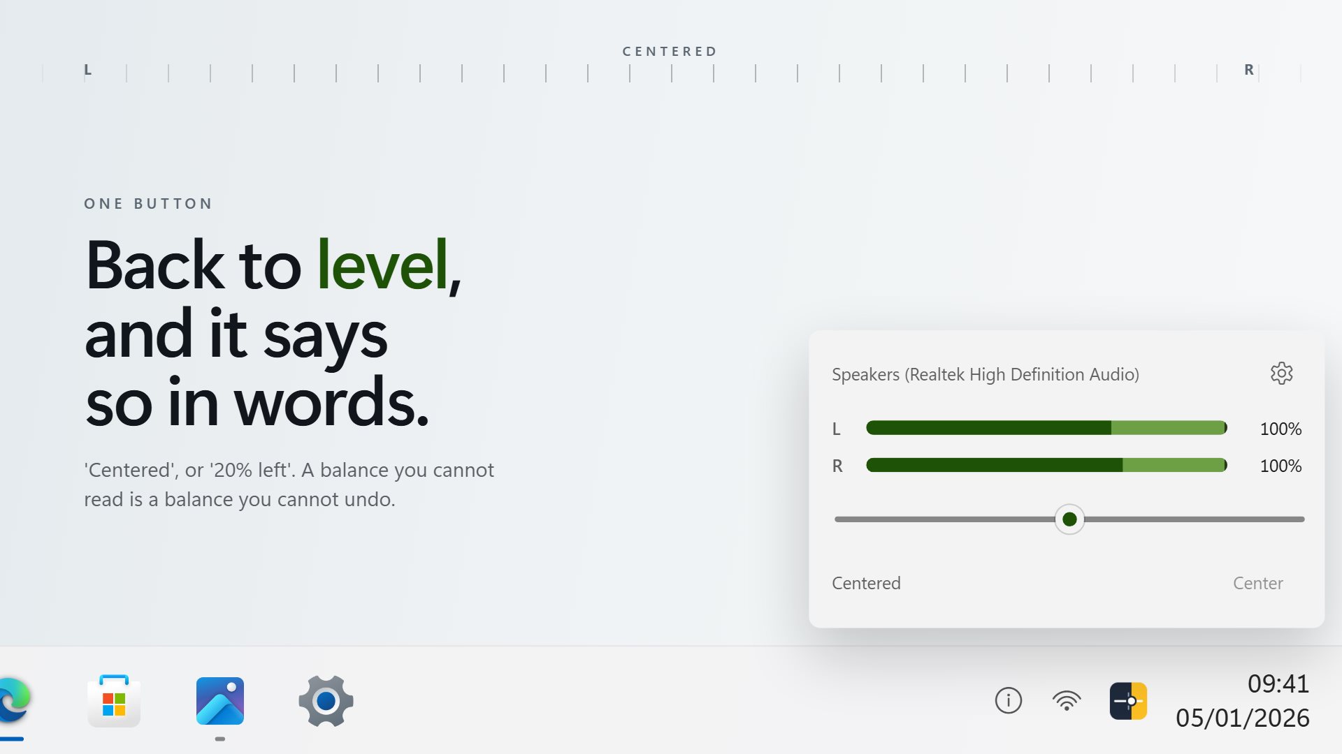 The balance panel with the center button and the written readout