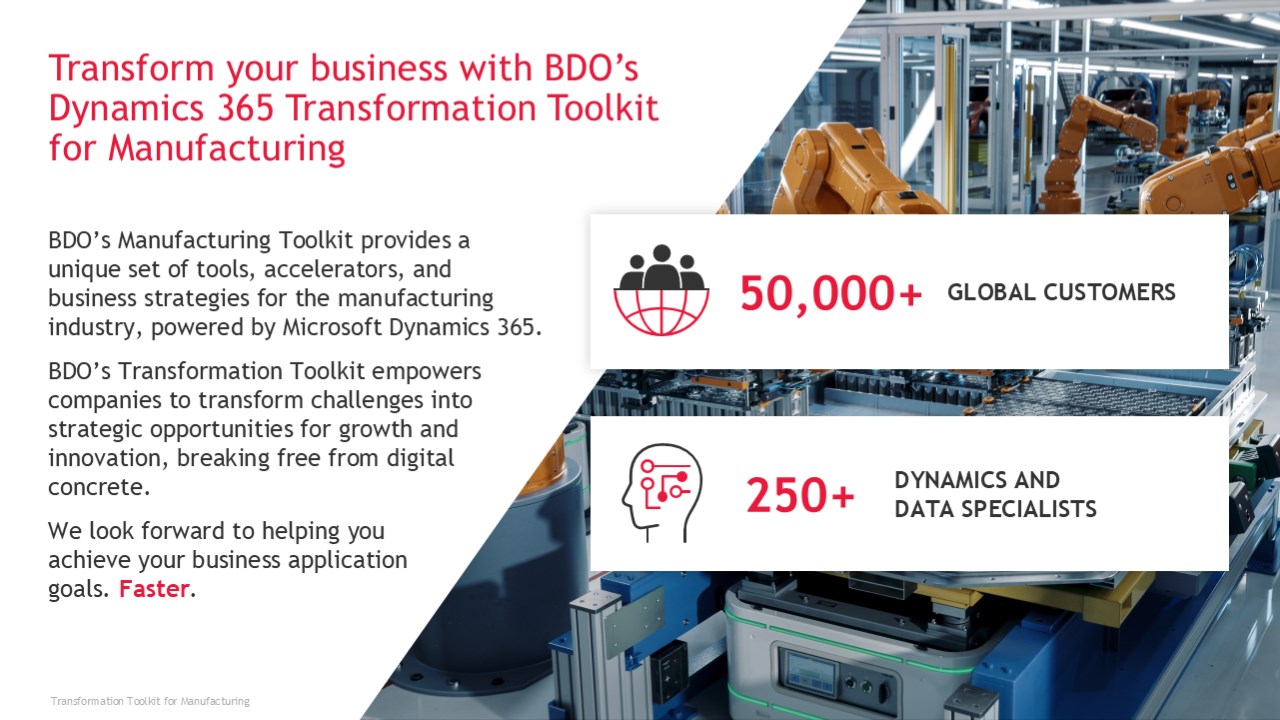 Snapshot 1 of BDO Dynamics 365 Transformation Toolkit for Manufacturing