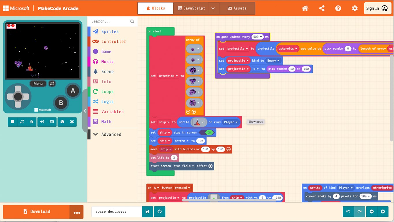 MakeCode Arcade — Приложения Майкрософт