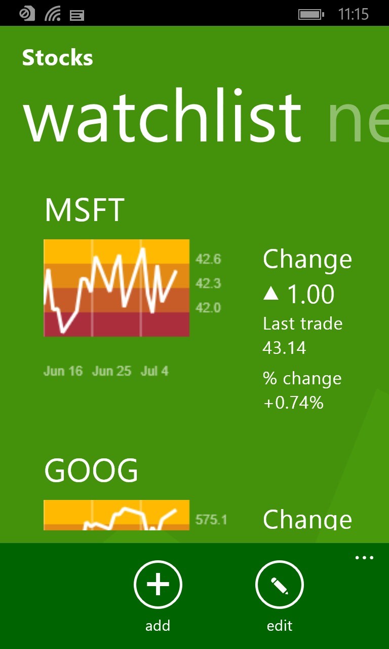 Stocks for Windows 10 Mobile