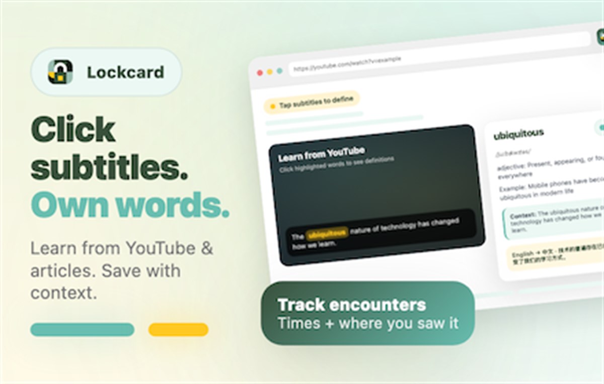 Lockcard - Vocabulary Builder from YouTube, Articles & AI