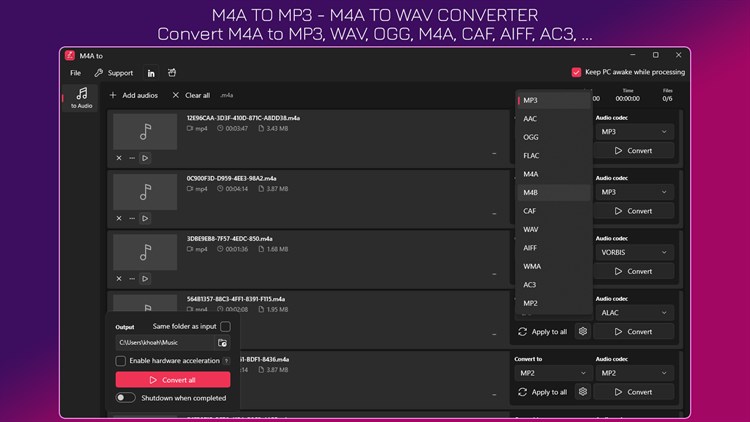 M4A to MP3 - M4A to WAV - PC - (Windows)