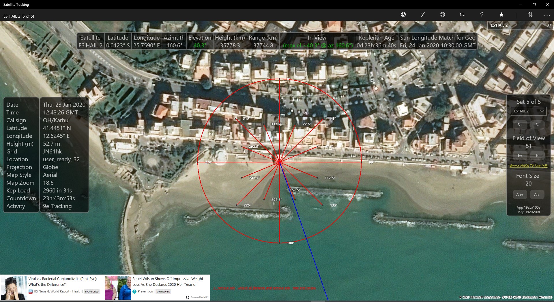 Es'hail spider antenna direction from the beach in Italy.