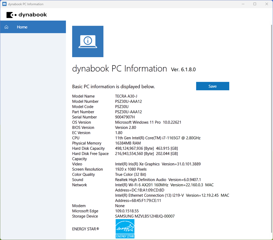 dynabook PC Information (Windows) 由: Dynabook Inc.