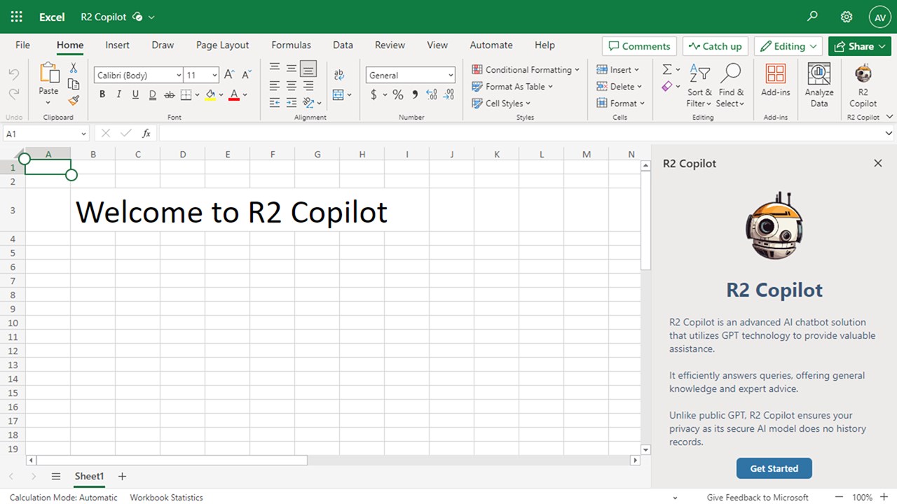 Snapshot 1 of R2 Copilot: Private ChatGPT for Excel