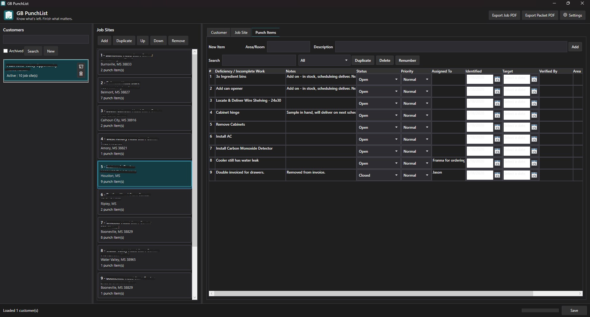 GB PunchList - Customer and job site list view