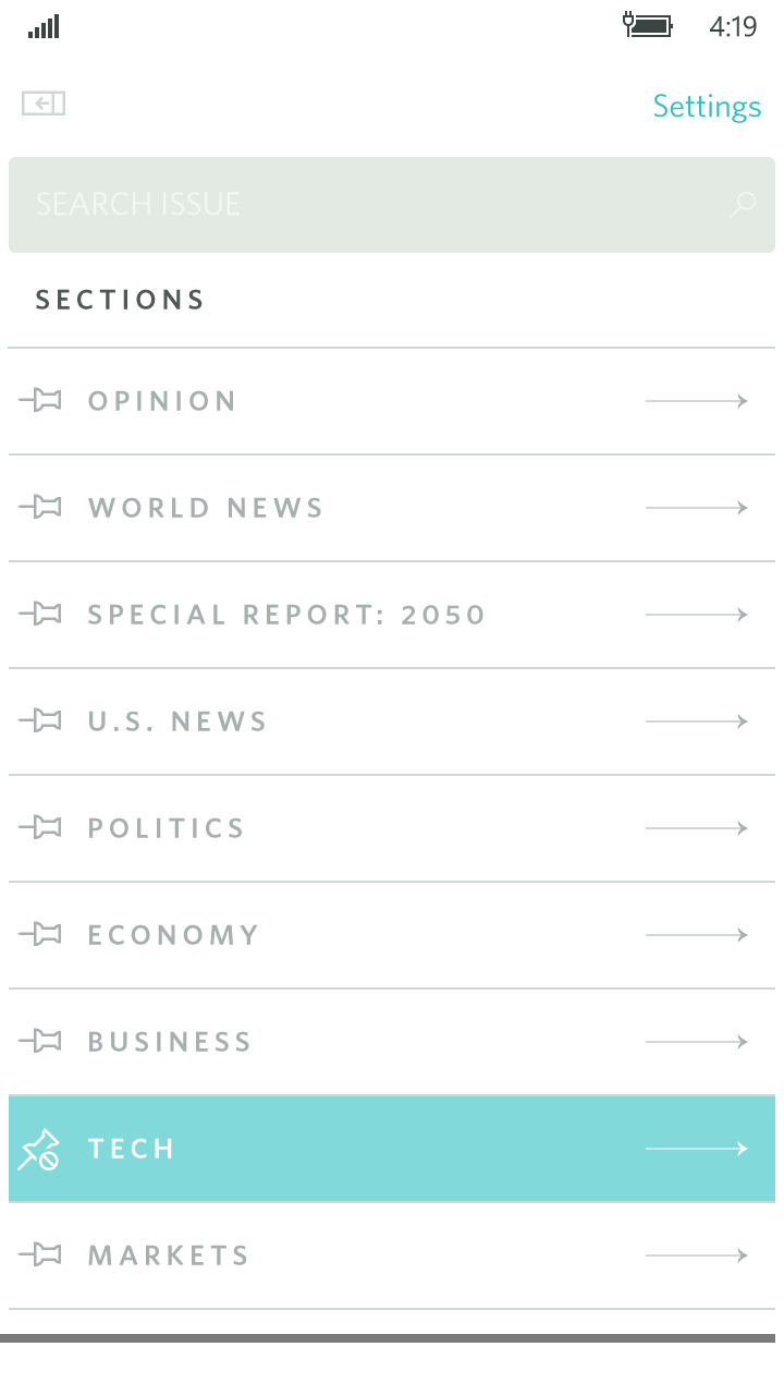 Screenshot: Can navigate to or pin any section within the current edition