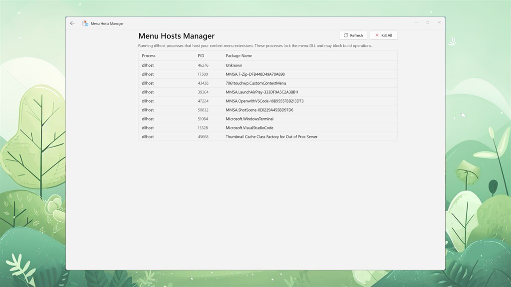 Menu Hosts Manager listing dllhost processes that lock the context menu, with a Kill All action