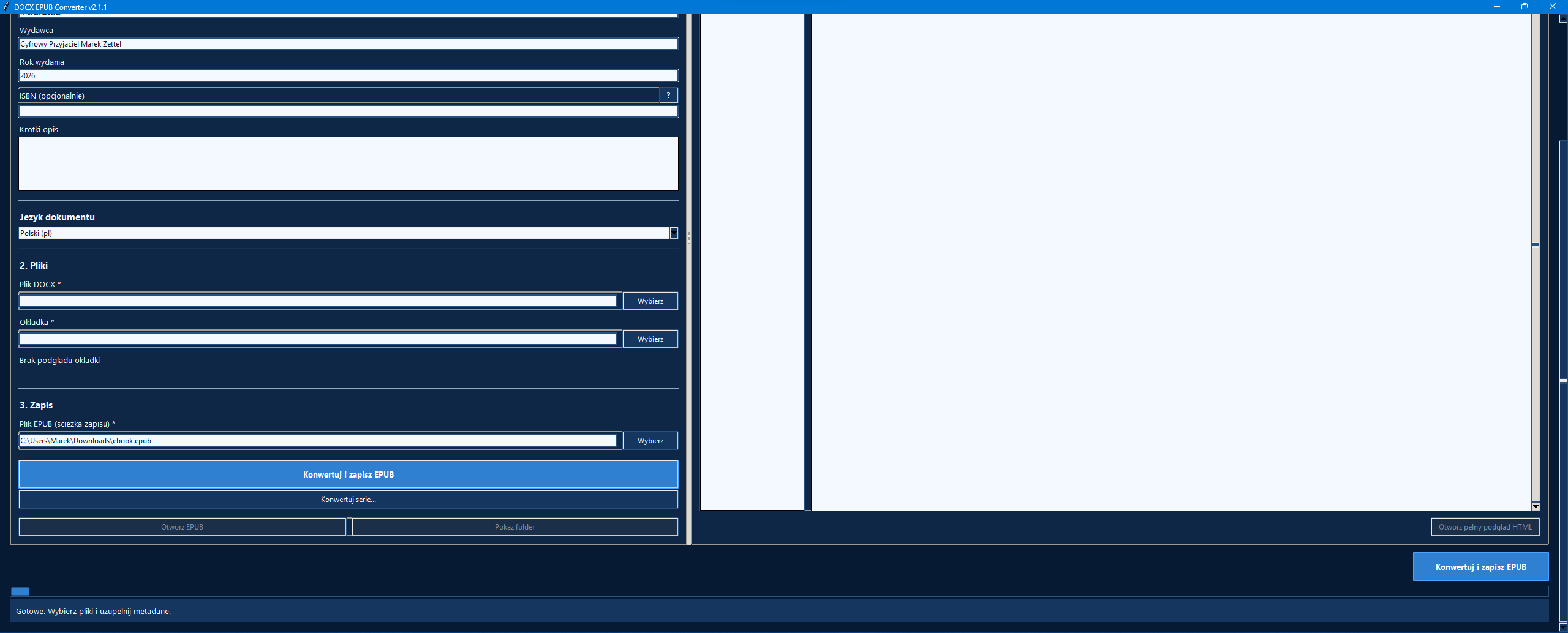 Zrzut ekranu aplikacji DOCX EPUB Converter