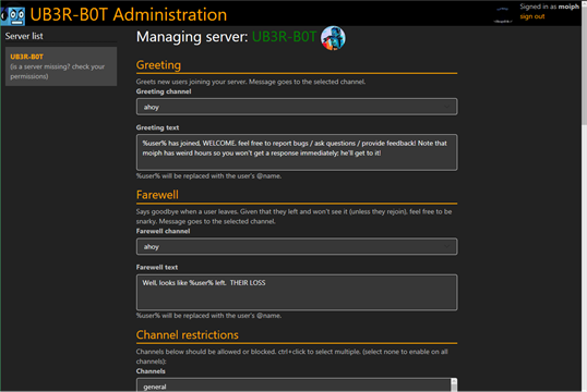 UB3R-B0T Administration screenshot 2