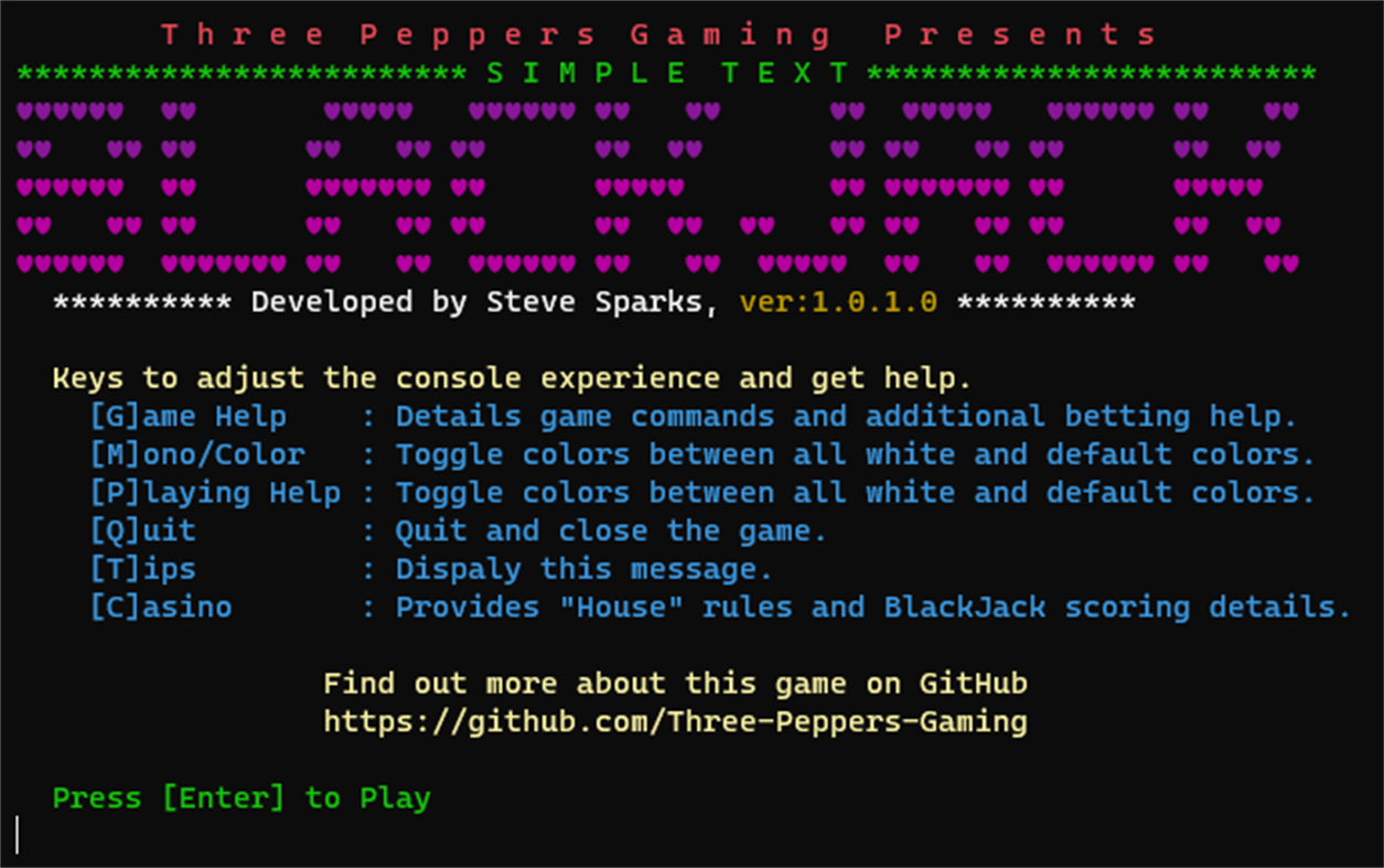 #1. Simple Text BlackJack (Windows) By: Three Peppers Gaming