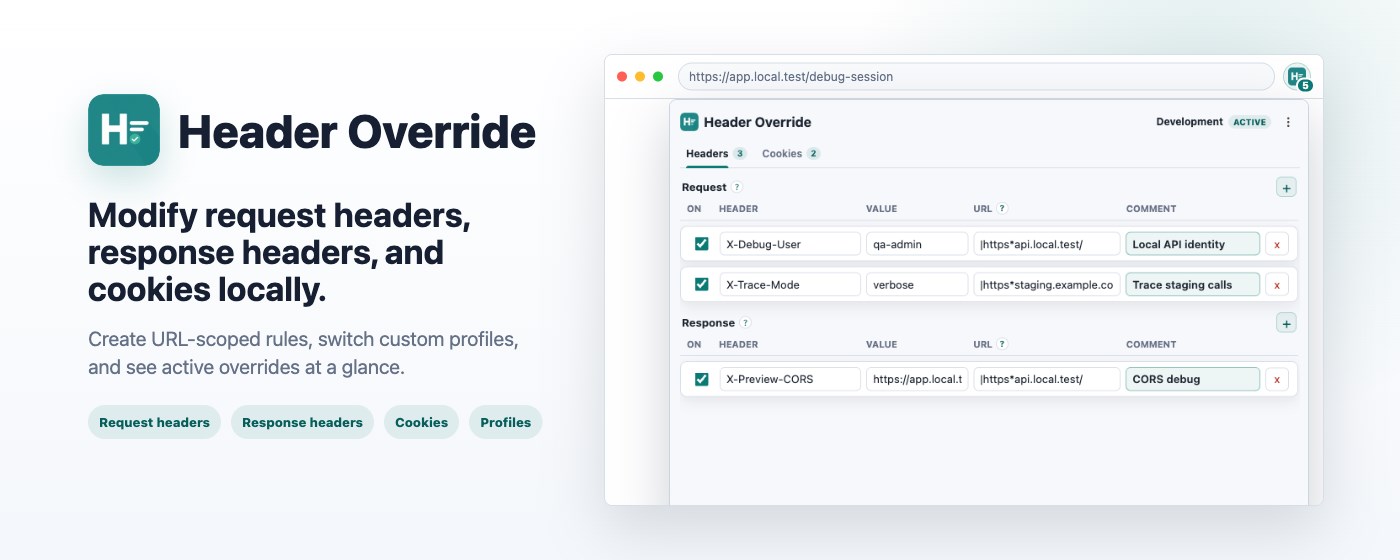 Header Override: Modify HTTP Headers & Cookies