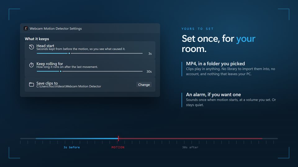 The settings page with camera, sensitivity, clip length, folder and alarm options