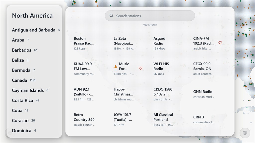 Browsing panel listing countries in North America with station counts, next to a searchable grid of stations