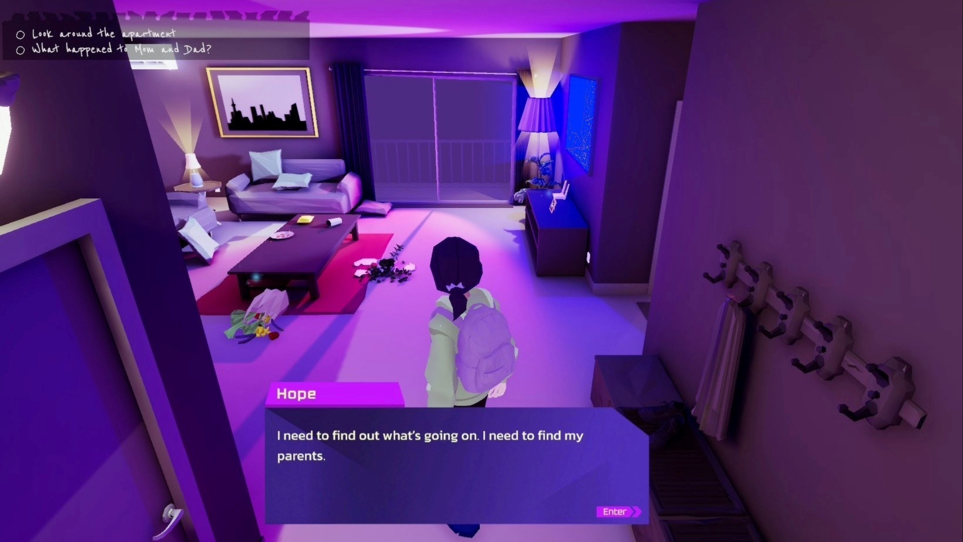 A ransacked apartment room.