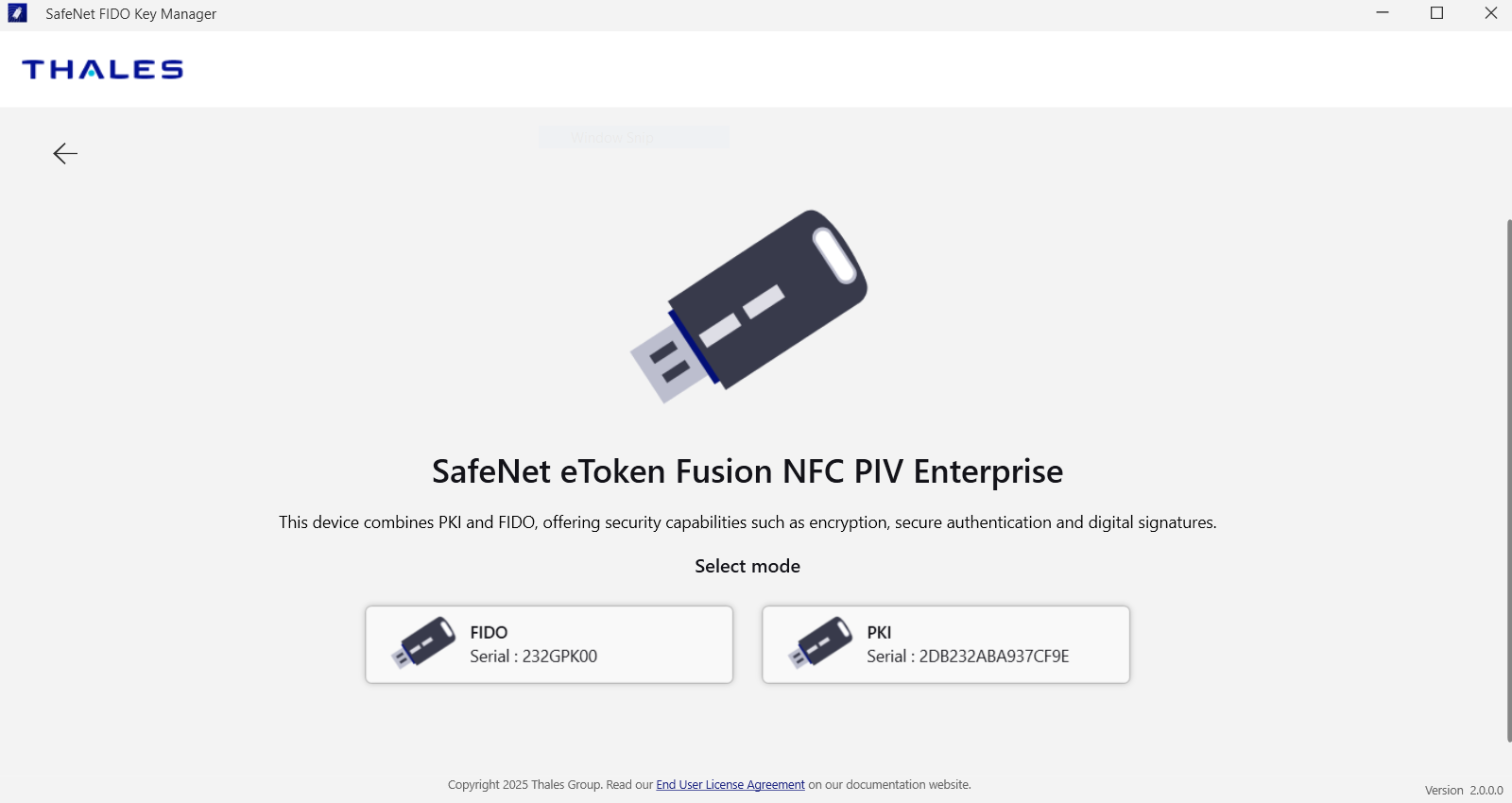 SafeNet FIDO Key Manager screenshot
