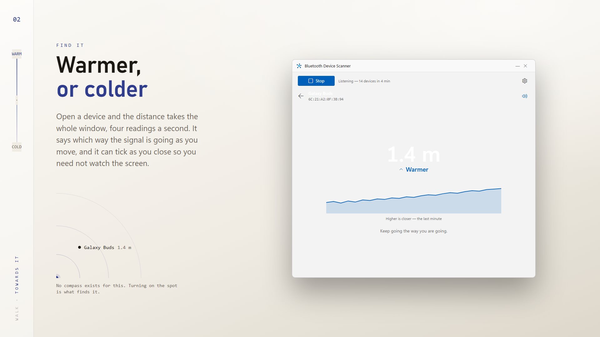 Find it mode showing 1.4 m, Warmer, and a rising signal graph for the last minute