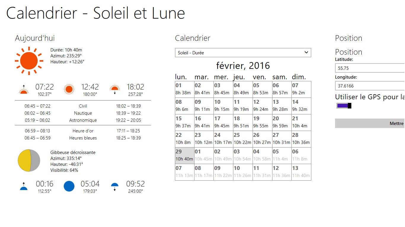 Calendrier - Soleil et Lune - Microsoft Apps