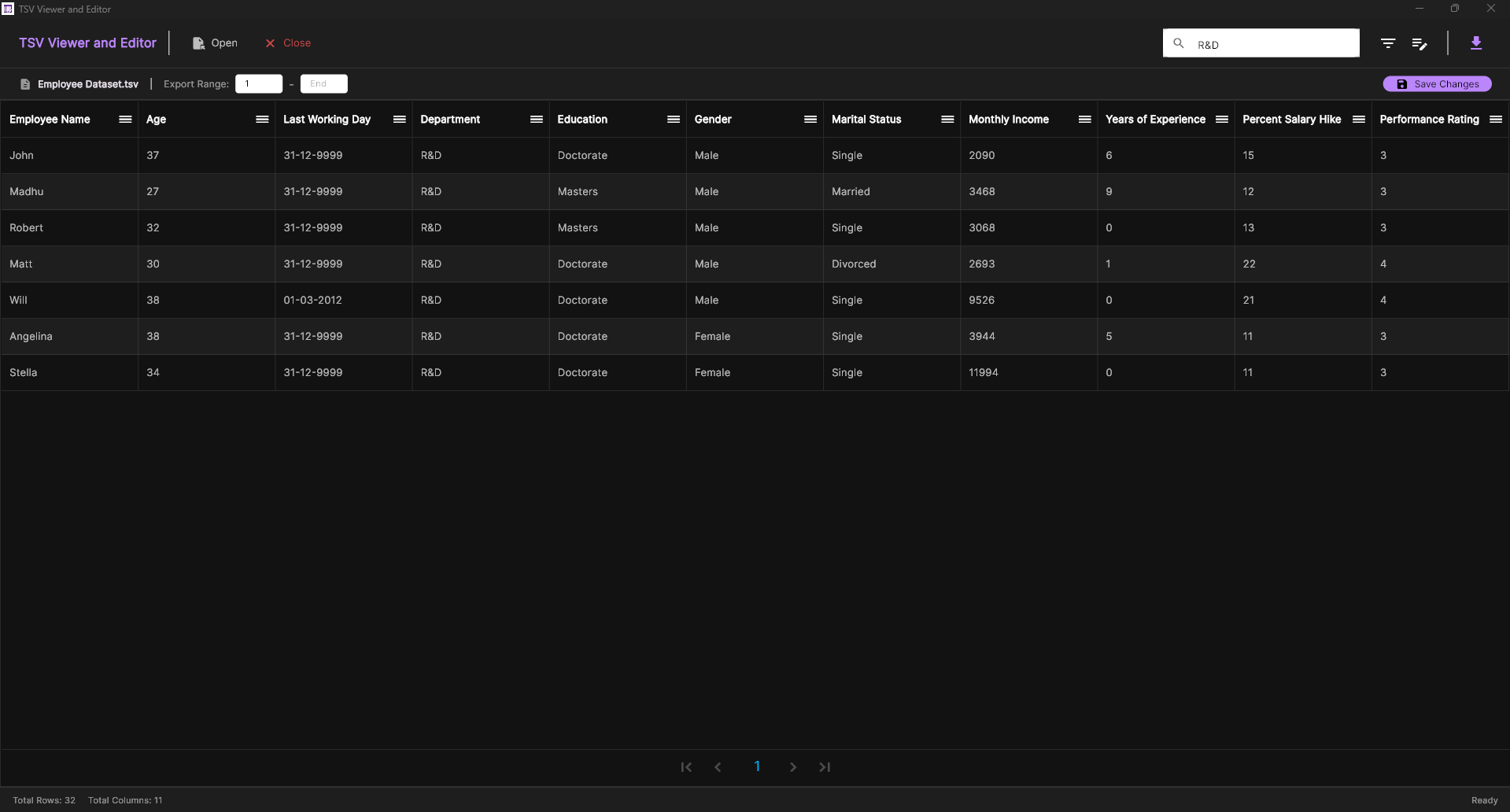 TSV Viewer and Editor screenshot