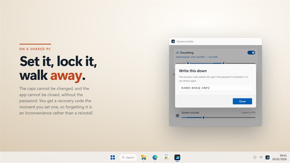 Setting a password, with the recovery code shown