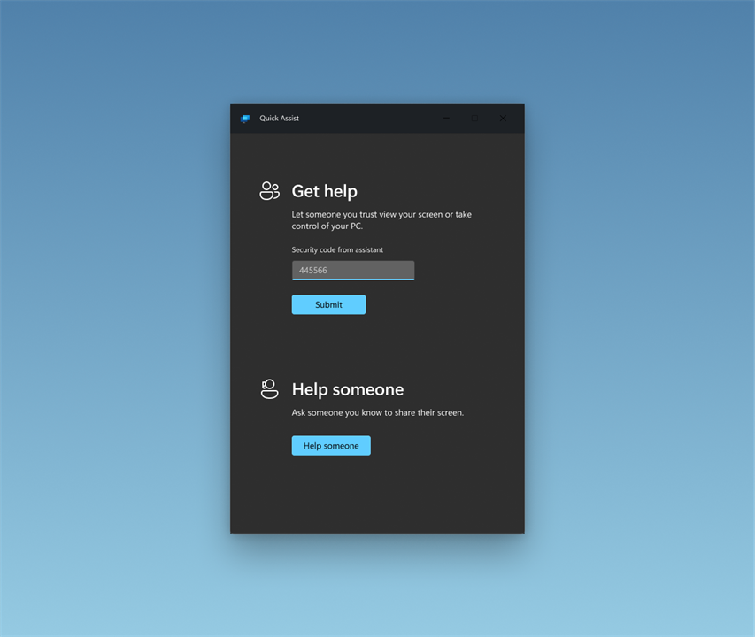 Quick Assist - Enter security code screen