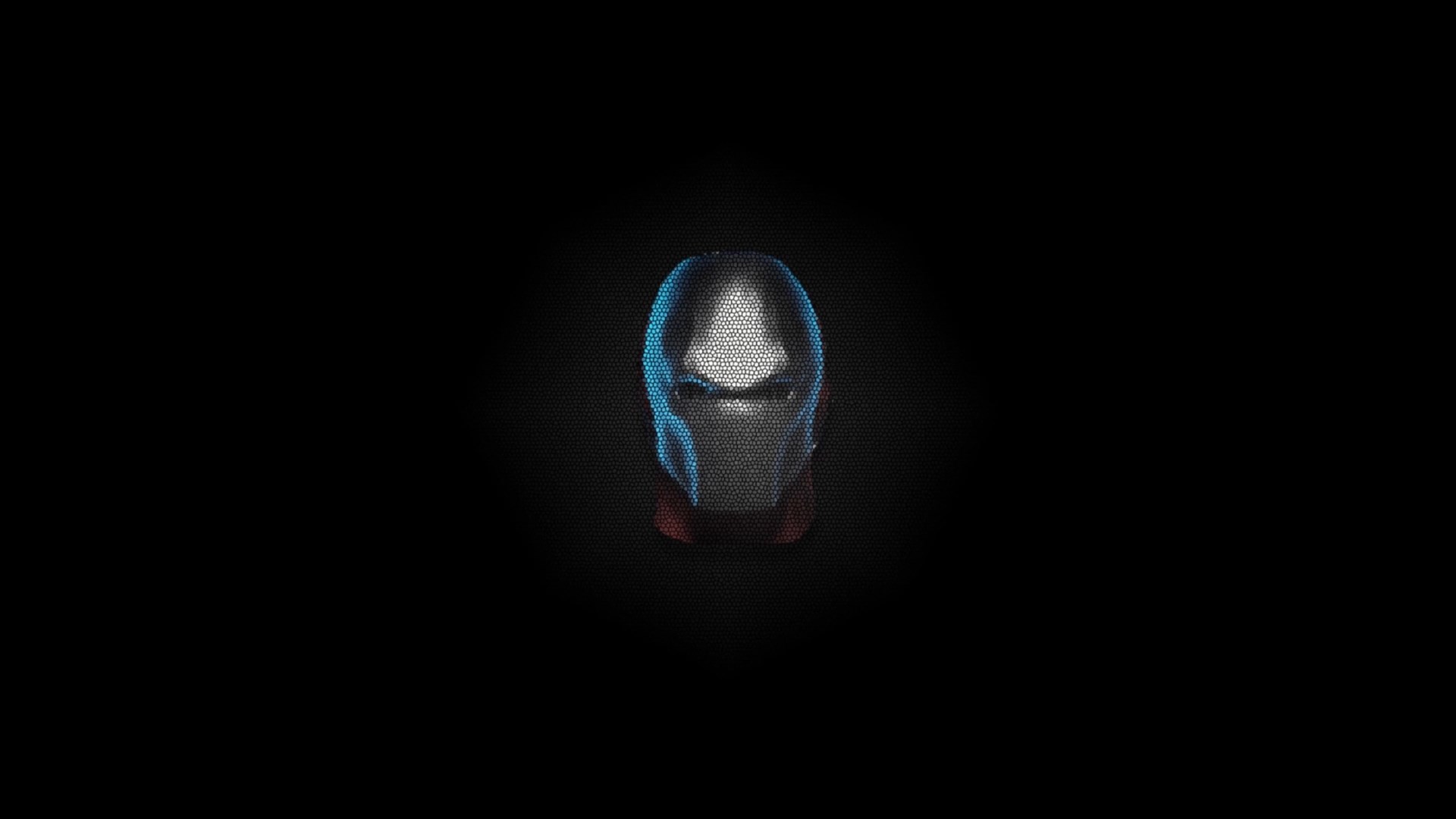 Game's antagonist's mask looking at viewer, with the screen having a slight wavy CRT-like effect