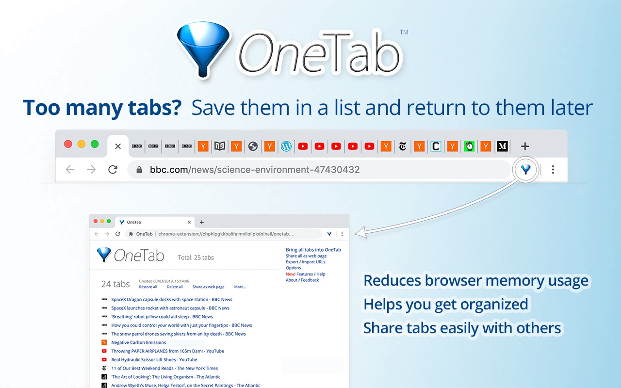 ONETAB. ONETAB Mozilla. Many Tabs. ONETAB Lost Tabs.