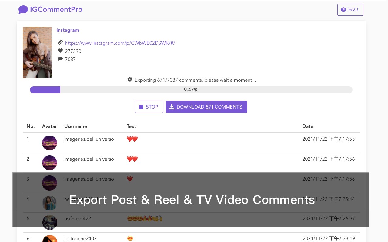 IGCommentExport - extract comments to excel