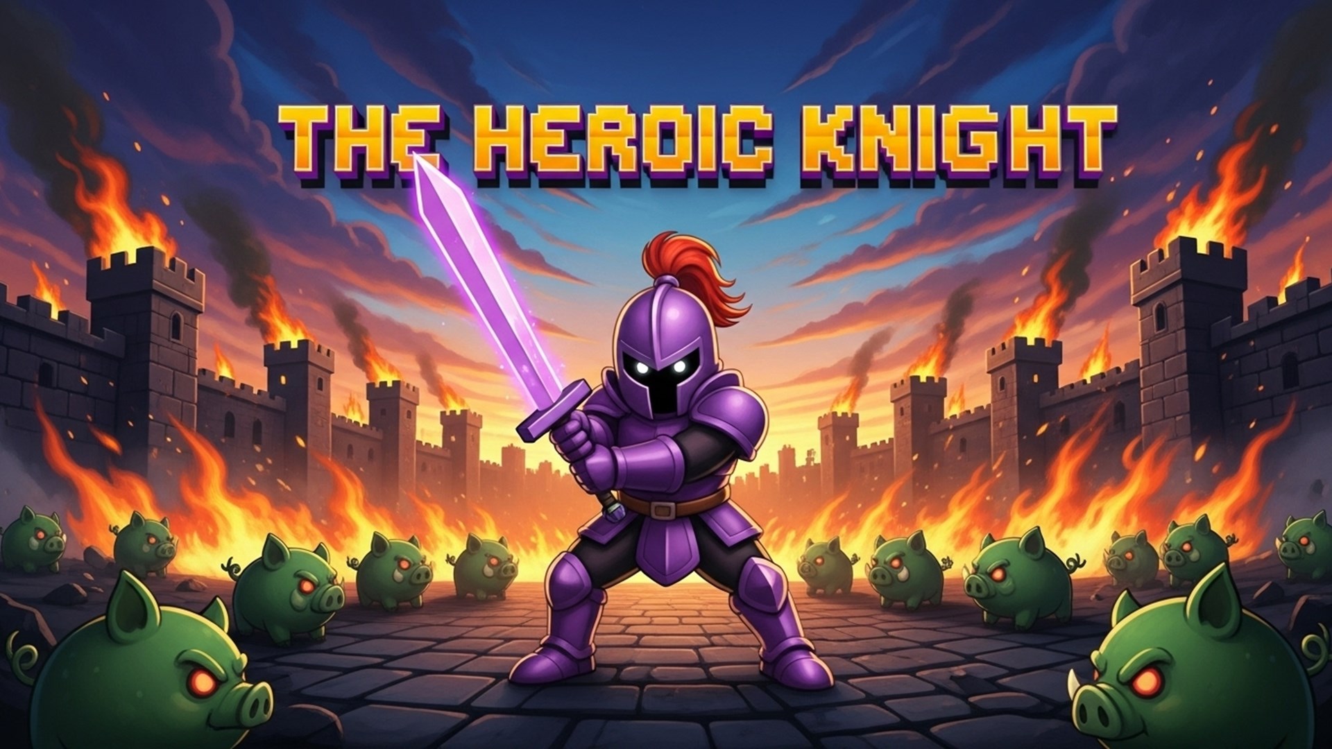 Heroic knight facing enemies in a burning battlefield.