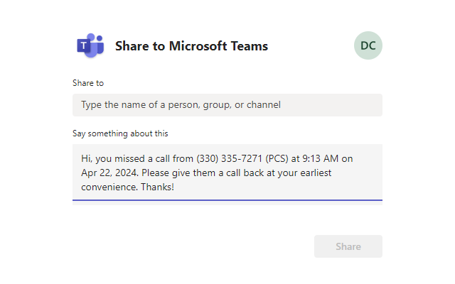 PCS Share 8x8 Call to Teams