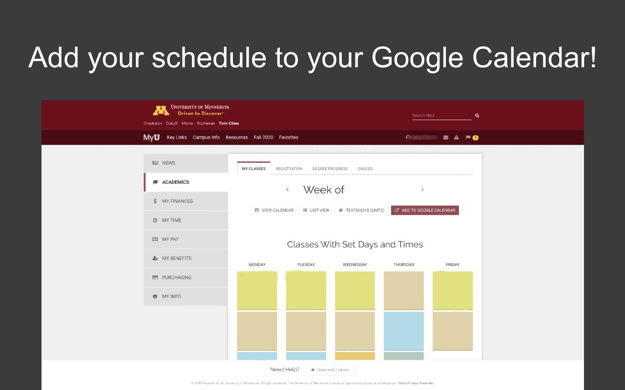 UMN Classes to Calendar