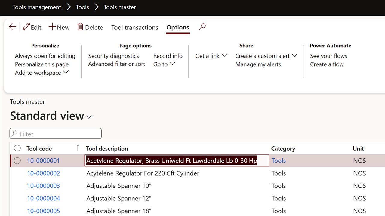 Snapshot 1 of Tool Management for Dynamics 365 Finance and Operations (D365FO)