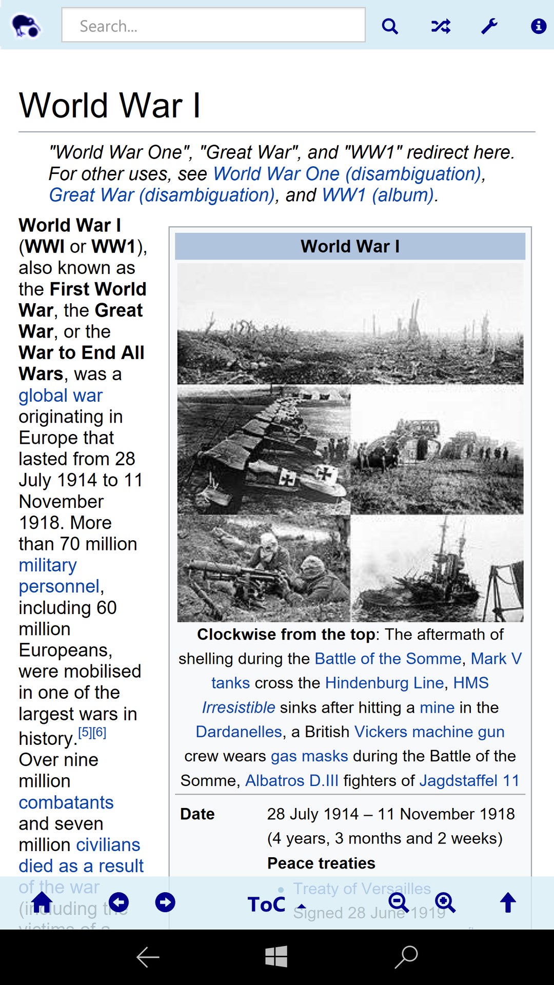 Wikipedia article on World War I