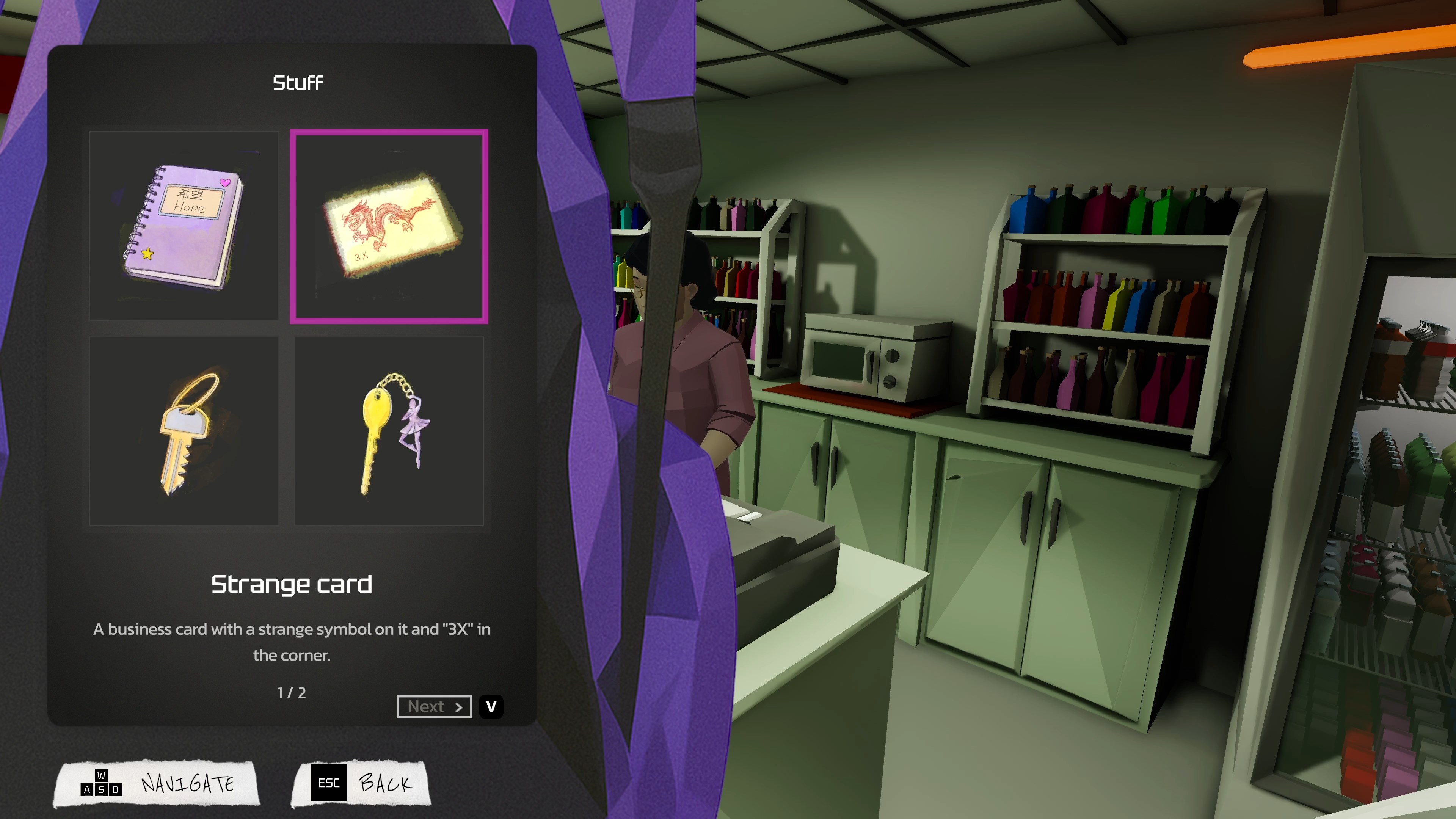 An inventory view displaying the items stored in Hope's backpack.