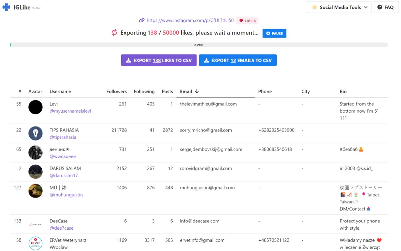 IGLike - Export Instagram Likes (email)