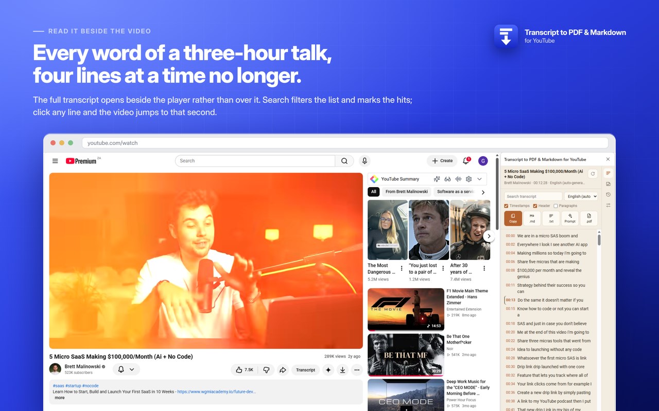 Transcript to PDF & Markdown for YouTube