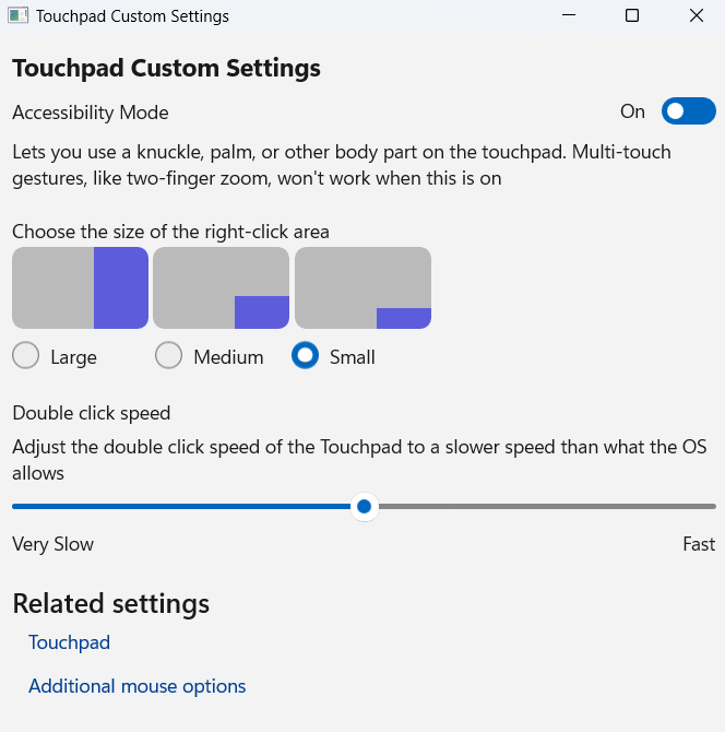 Touchpad custom settings screenshot