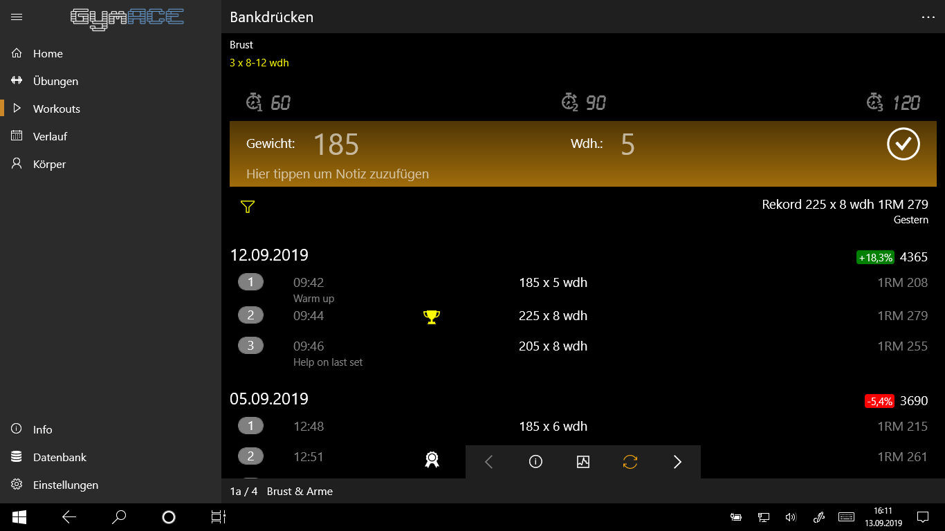 Gewicht und Wiederholungen werden basierend auf früheren Sessions automatisch vorgeschlagen