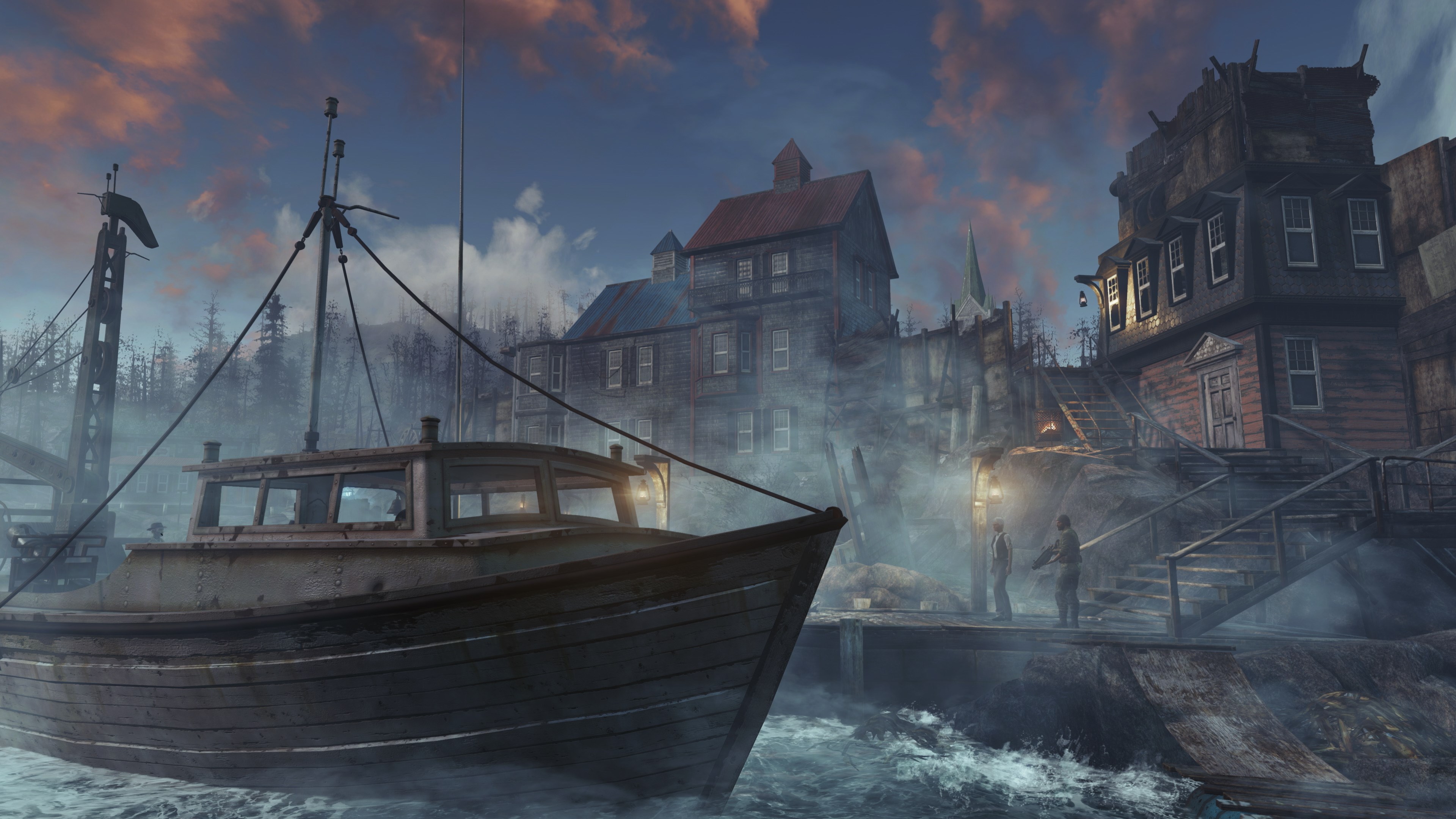 Fallout 4: Anniversary Edition - A fishing boat sits in a foggy harbor near weathered buildings as lanterns cast a warm glow.