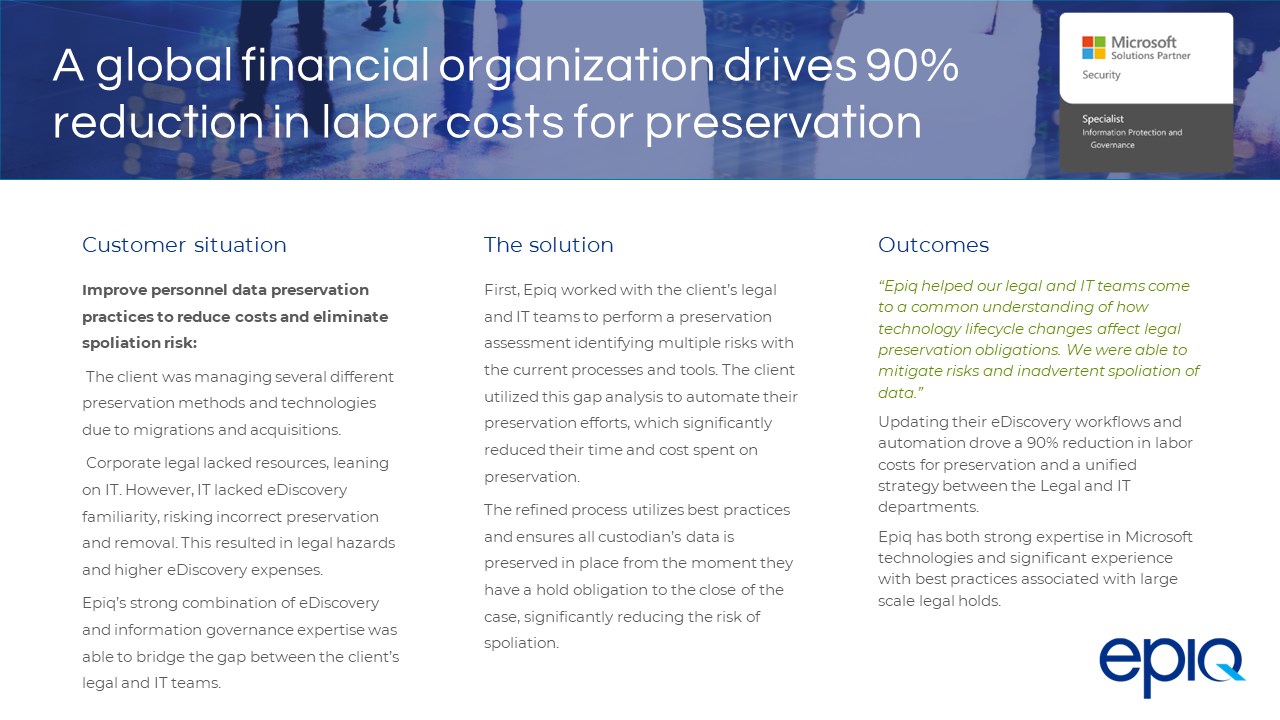Snapshot 1 of Epiq eDiscovery Solution with Microsoft Purview