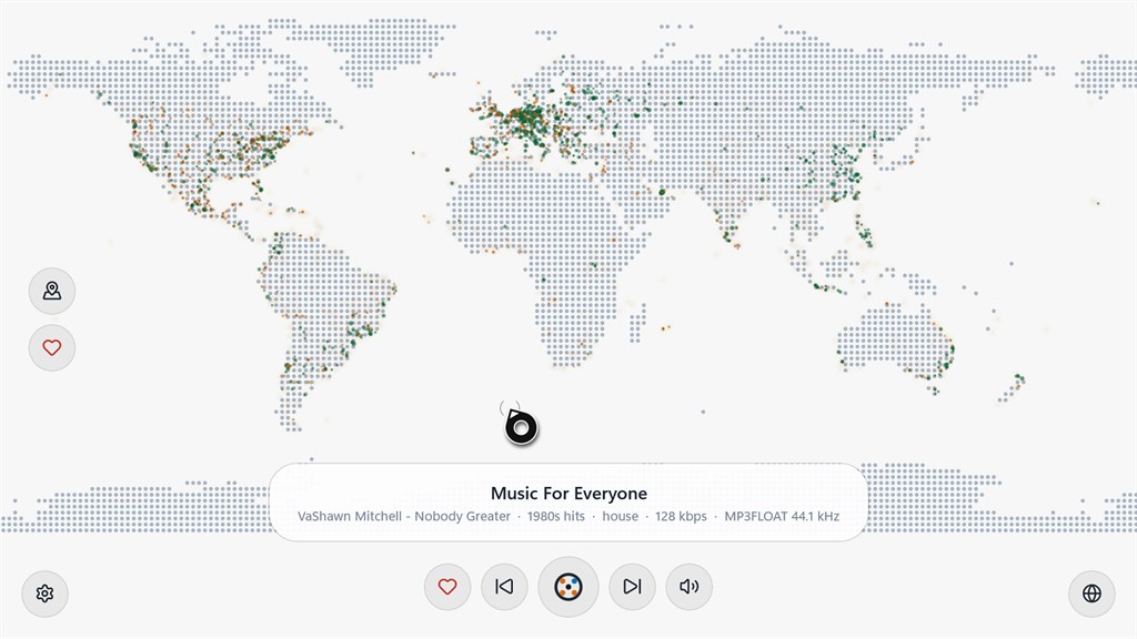 Radio Gaga's flat dotted world map in a light theme, with station dots and the player bar at the bottom