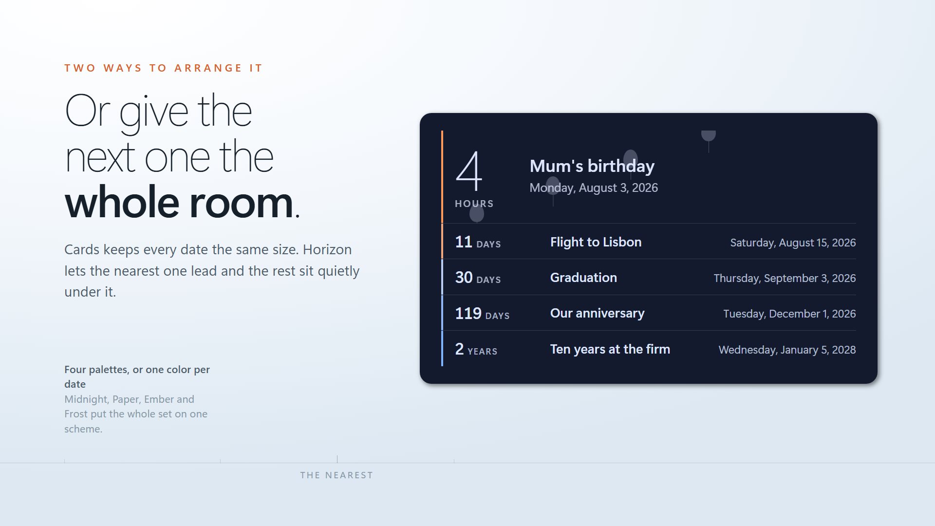 The Horizon layout, with the nearest date large and the others as smaller lines beneath it