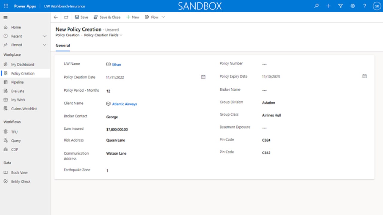 Snapshot 3 of Infosys Underwriting Workbench App