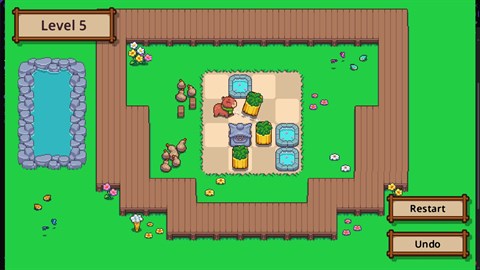 Capy Spa 遊戲實際畫面，展示推桶解謎情境