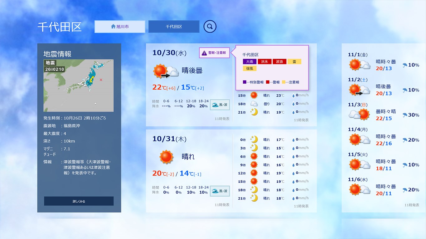 特別警報や警報、注意報が発表されている場合は「警報・注意報」ボタンを表示。押すと内容を確認できます。