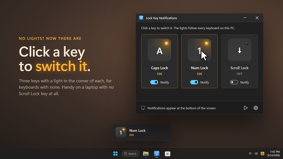 The app window with three keys, Caps Lock and Num Lock lit, and a Notify switch under each