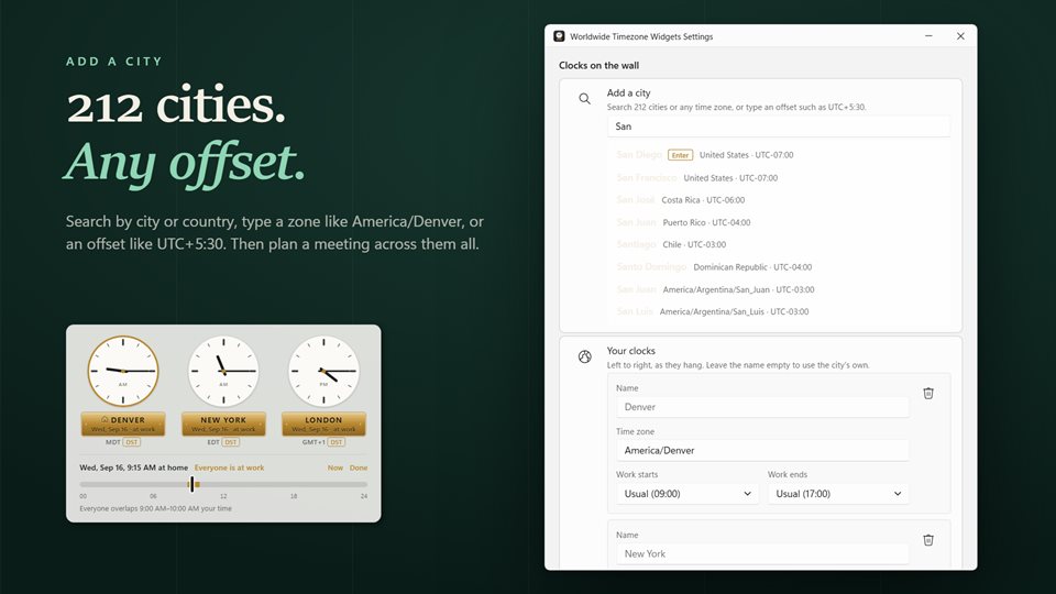 The settings window searching cities for 'San', next to the meeting planner under three clocks